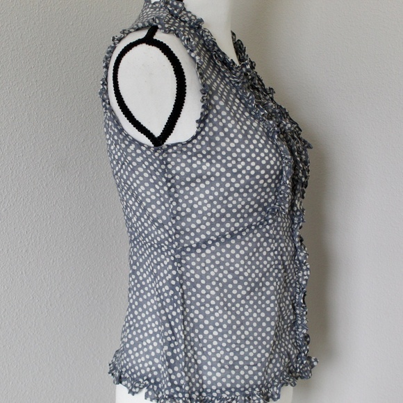 Gray-Blue & White Polka Dot Sleeveless Ruffle Detail Button Down Shirt - Picture 4 of 7